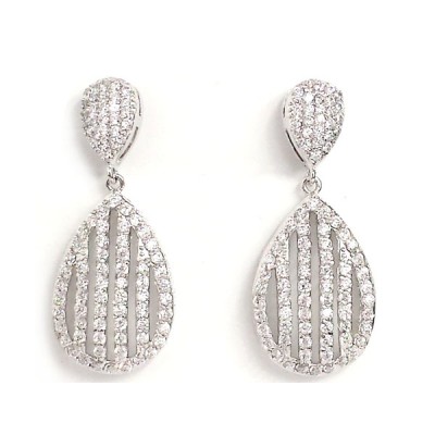 Sterling Silver Earring Clear Cubic Zirconia Paved Open Tear Drop with Stripe