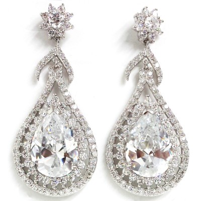 Sterling Silver Earring Clear Cubic Zirconia Tear Drop Clear Cubic Zirconia Around