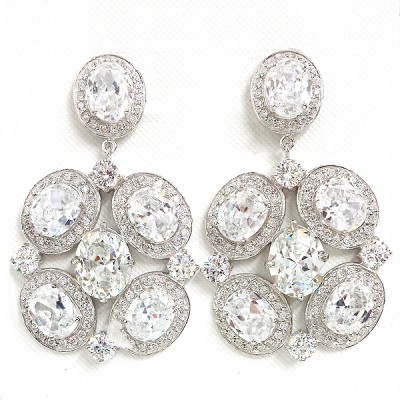 Sterling Silver Earring 6-Clear Cubic Zirconia Oval Form Square Shape