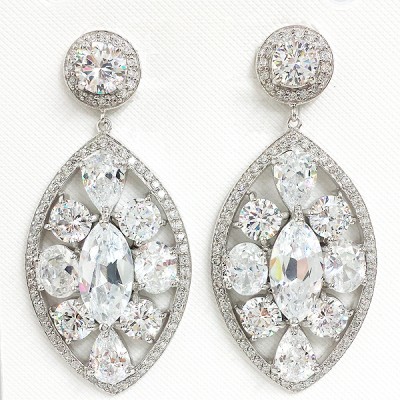 Sterling Silver Earring Open Clear Cubic Zirconia Marquis with Clear Cubic Zirconia Shapes