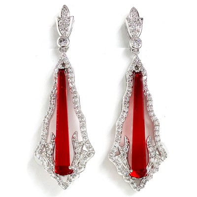 Sterling Silver Earring Elongated Pear Red Glass with Clear Cubic Zirconia