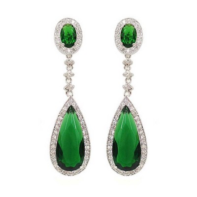 Sterling Silver Earring Green Glass Long Tear Drop with Clear Cubic Zirconia