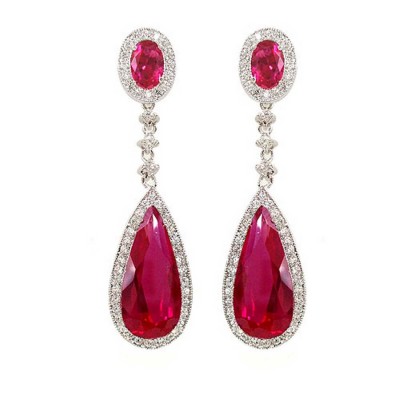 Sterling Silver Earring Ruby Long Tear Drop with Clear Cubic Zirconia