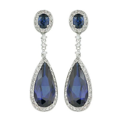 Sterling Silver Earring Blue Rare Earth Long Tear Drop with Clear Cubic Zirconia