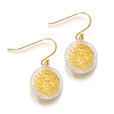 Sterling Silver Earring 16mm Rd Shema with Clear Cubic Zirconia -Gold+Gold-