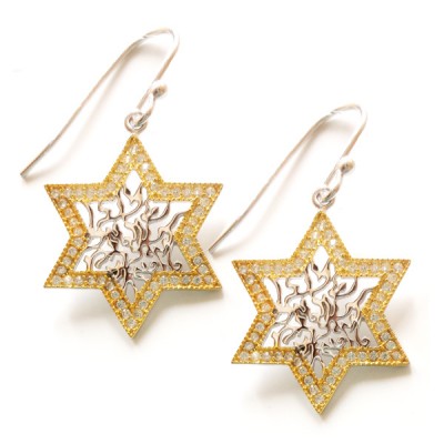 Sterling Silver Earring 16mm Star Shema with Clear Cubic Zirconia -Rh+Gold-