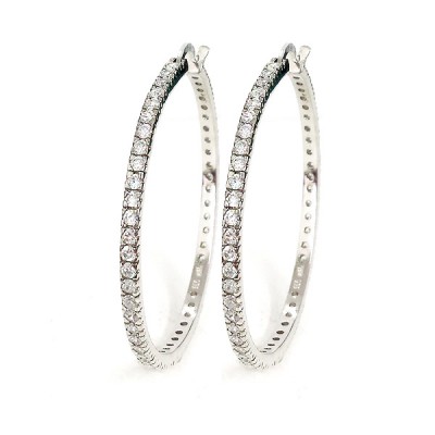 Sterling Silver Earring 45mm Hoop with Clear Cubic Zirconia All Around Outside