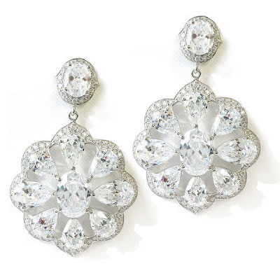Sterling Silver Earring Clear Cubic Zirconia Tear Drop Around Oval Cubic Zirconia