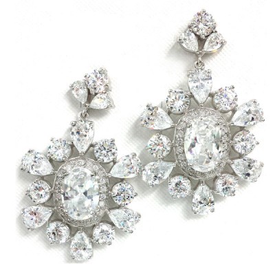 Sterling Silver Earring Clear Cubic Zirconia Oval Red+Tear Drop Around