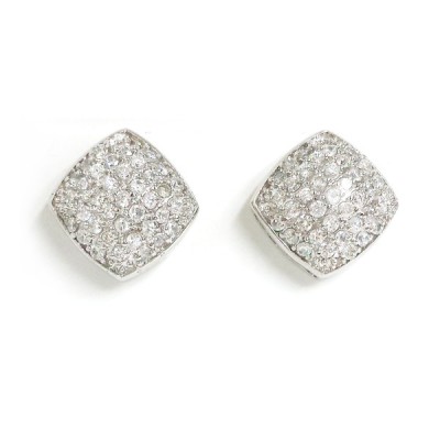 Sterling Silver Earring Clear Cubic Zirconia Paved Puffy Cushion