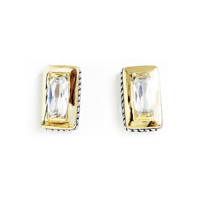 Sterling Silver Earring 2Tone Rectangle with Clear Baguette