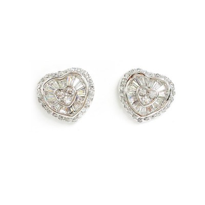 Sterling Silver Earring Clear Cubic Zirconia Heart Stud Red+Baugette