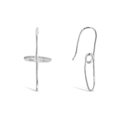 Sterling Silver Earring Cross Shape Clear Cz Line +French Wire