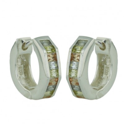 Sterling Silver Earring Hexgon Shape Huggies with Lv/Light Per./Champagne Cubic Zirconia--