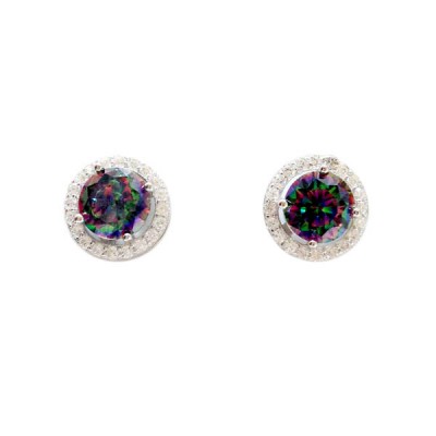 Sterling Silver Earrings 12mm Mystic Center with Clear Cubic Zirconia Stud