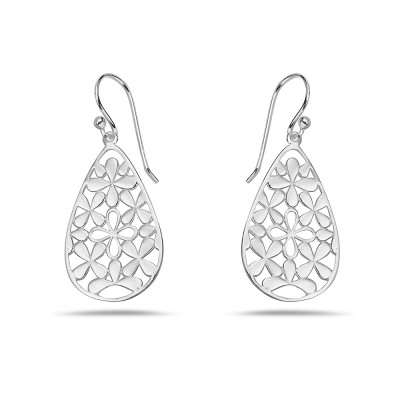 Sterling Silver Earrings Teardrop with Open Flower Filigree