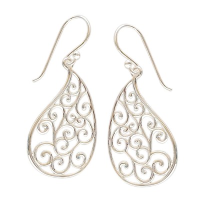 Sterling Silver Earrings Teardrop with Plain Open Swirl Filigree