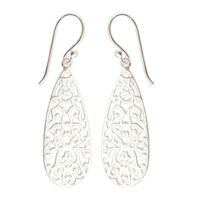 Sterling Silver Earrings Plain Open Filigree in Long Oval