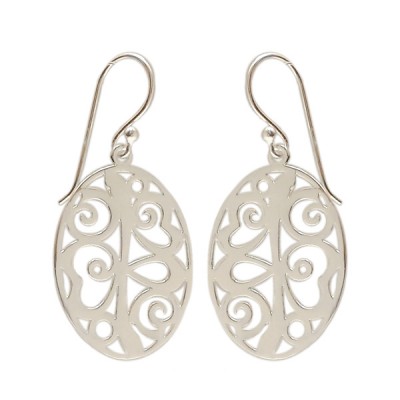 Sterling Silver Earrings Plain Open Filigree in Oval with Fish Ho