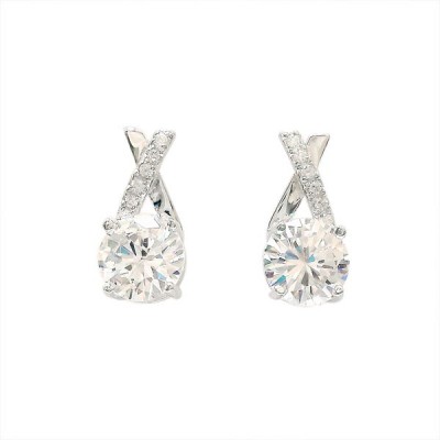 Sterling Silver Earring Rd Clear Cubic Zirconia with One Side Clear Cubic Zirconia X Top