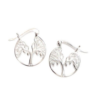 Sterling Silver Earring Plain Tree of Life in Circle with Latch Hook