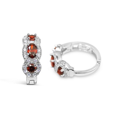 STERLING SILVER EARRING 3 OVAL GARNET CUBIC ZIRCONIA SMALL CUBIC ZIRCONIA SIDE  HUGGIES