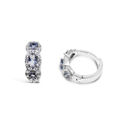 STERLING SILVER EARRING  3 OVAL TANZANITE GLASS SMALL CUBIC ZIRCONIA SIDE