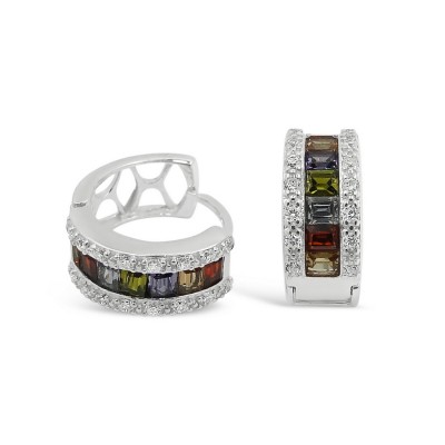 STERLING SILVER EARRING PRINCESS CUT MULTICOLOR+CUBIC ZIRCONIA SIDELINES