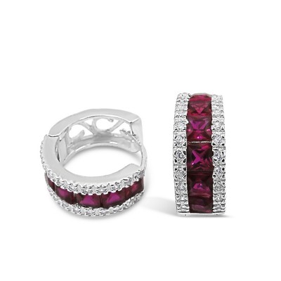 STERLING SILVER EARRING RUBY GLASS PRINCESS CUT+CUBIC ZIRCONIA SIDELINES