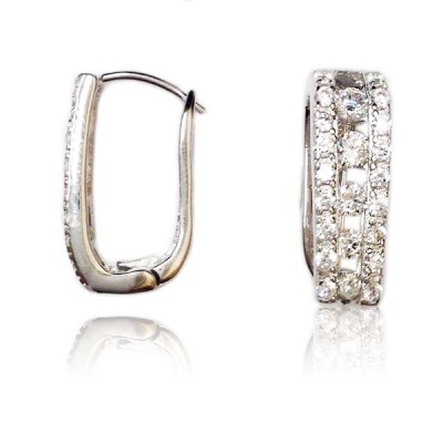 Sterling Silver Earring 3 Rows Round Clear Cubic Zirconia Huggies