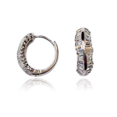 Sterling Silver Earring 2 Row Clear Cubic Zirconia Baguette with Silver Line Btwn