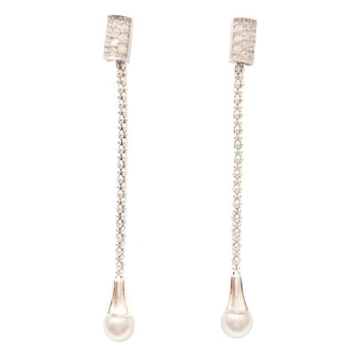 SS Earg Rect. Cl Cz Top Danglin Rope W/ Faux Pearl, Silver
