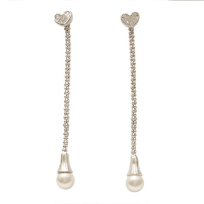 Sterling Silver Earring Clear Cubic Zirconia Heart Top with Danglin Rope Faux Pearl