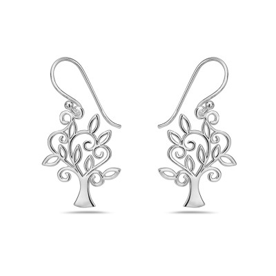 Sterling Silver Earring Open Plain Tree with Leaf Fish Wire