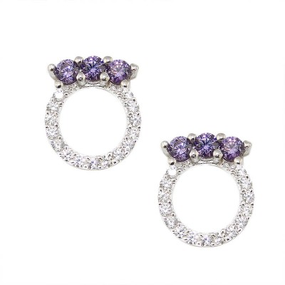Sterling Silver Earring 3 Amethyst Cubic Zirconia Top of Open Clear Cubic Zirconia Circle