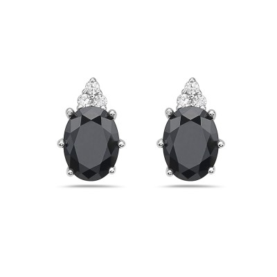 Sterling Silver Earring 6X8mm Oval Black Cubic Zirconia with 3 Round Clear Cubic Zirconia Top Stud