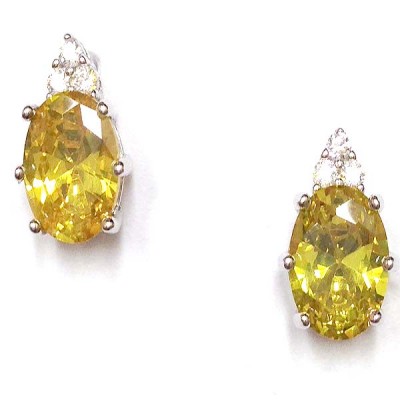 SS Earg 6X8Mm Oval Canary Cz W/ 3 Rd Cl Cz Top, Silver