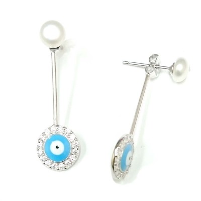 SS 4Mm Fwp W/ Round Cl Cz Evil Eye Front Back Earg, Multicolor