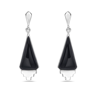 Sterling Silver Earring Dangling Triangle Cabochon Onyx