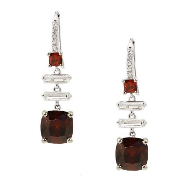 SS Earring Square Garnet Cz, 2 Clear Cz Baguette, Clear
