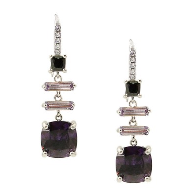 STERLING SILVER EARRING SQUARE BLACK CUBIC ZIRCONIA, 2 LAVENDER BAGUETTE CUBIC ZIRCONIA