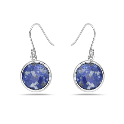 Sterling Silver Earring 16mm Round Chess Cut Blue Lapis Danglin