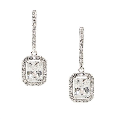 Sterling Silver Earring 8X6mm Rectangle Clear Cubic Zirconia with Clear Cubic Zirconia