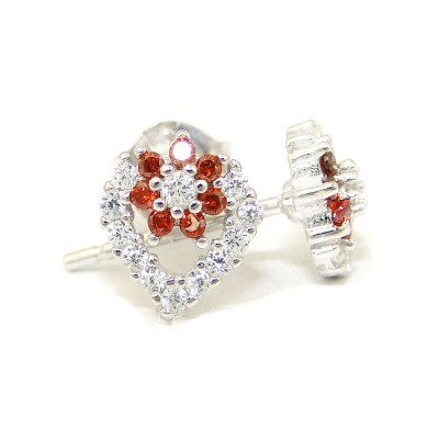 Sterling Silver Earring Open Clear Cubic Zirconia Heart with Red Cubic Zirconia Flower