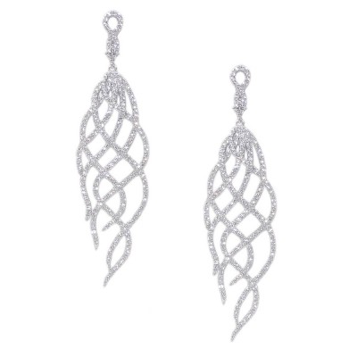 Sterling Silver Earring Clear Cubic Zirconia Swirl Lines Dangling