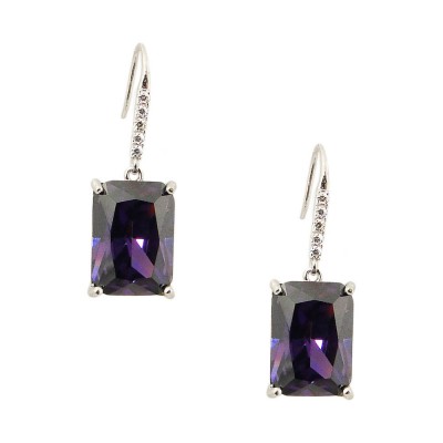 Sterling Silver Earring 10X14mm Rectangle Amethyst Cubic Zirconia Dangle