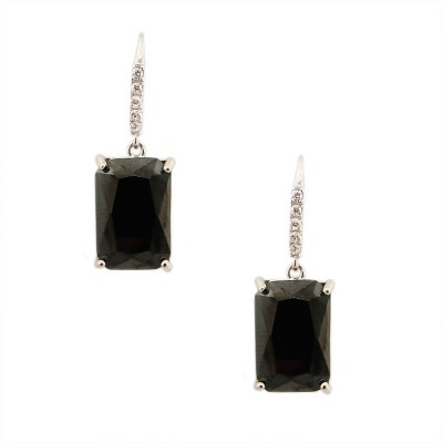 Sterling Silver Earring 10X14mm Rectangle Black Cubic Zirconia Dangle