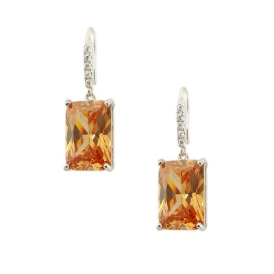 Sterling Silver Earring 10X14mm Rectangle Champagne Cubic Zirconia Dangle