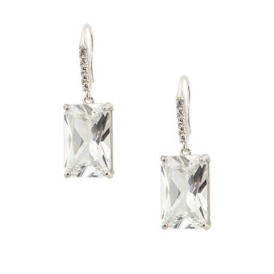 Sterling Silver Earring 10X14mm Rectangle Clear Cubic Zirconia Dangle with