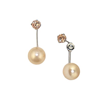 Sterling Silver Earring 6mm+12mm Champagne Cubic Zirconia Peach Faux Pearl